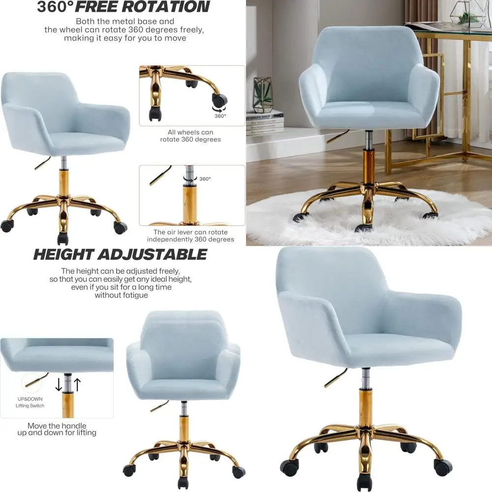 

Luxury Swivel Armchair with Wheels, Baby Blue Velvet Makeup Chair, Height-Adjustable for Home Office Use