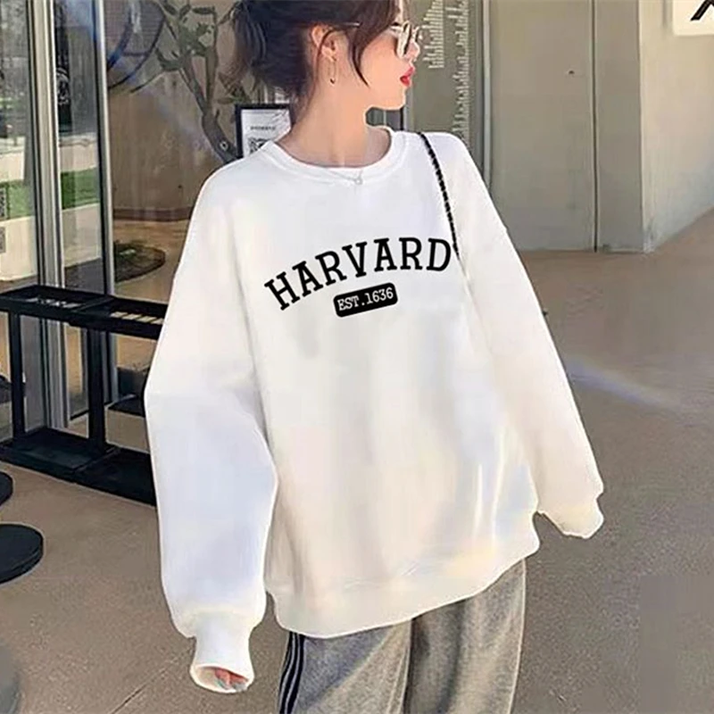 American Fashion Letter Printed Hoodie O-neck Sweatshirt White Fleece Winter Pullover Loose Couples Streetwear Preppy Students