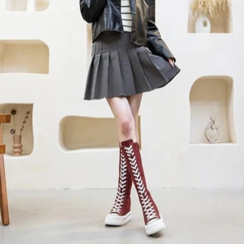 13 سنتيمتر الكعوب المرأة قماش الأحذية عادية عالية أعلى أحذية أحذية طويلة الدانتيل متابعة سستة مريحة الأحذية المسطحة أحذية رياضية بوتاس الفقرة Mujer #6