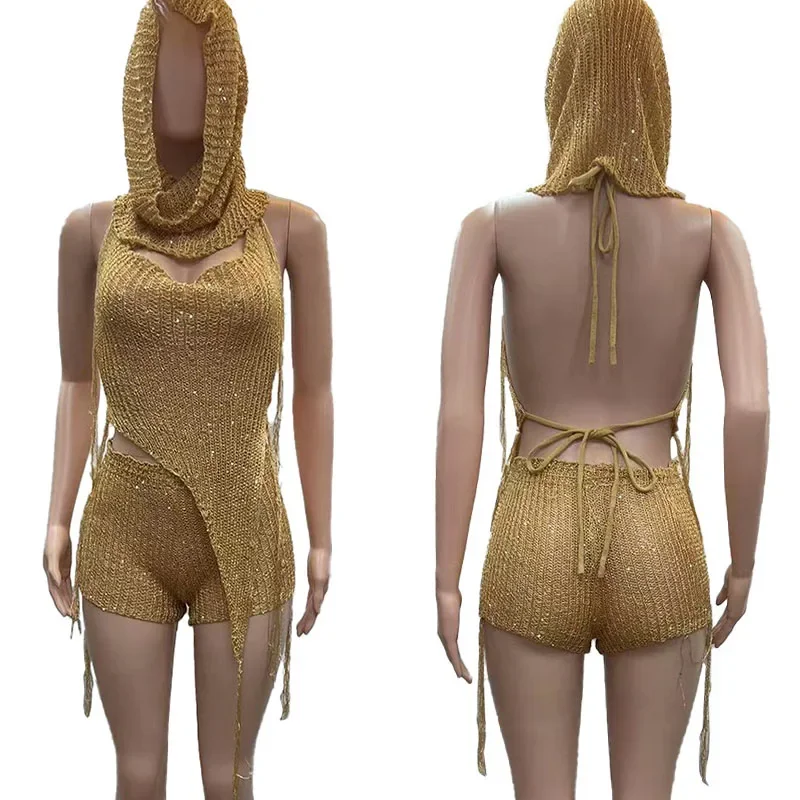 Gold Knitted Glitter Sexy 2 Pieces Set Women Outfit Night Party Birthday Hooded Backless Top and Shorts Set Women Two Piece Set