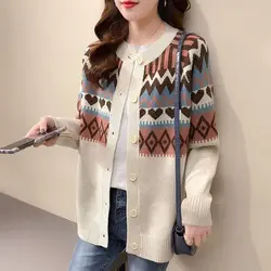 Love Jacquard Long Sleeve Knitting Cardigan Coat Women Autumn Loose O-neck Sweater Office Lady All-match Fashion Knitting Tops