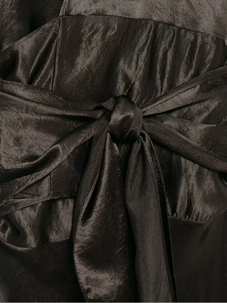 NLZGMSJ Satin Geraffte Lange Kleider für Frauen Langarm V-ausschnitt Kleid Frau Gebunden Party Damen Kleider Casual Weibliche Midi Kleid