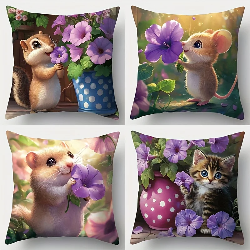 4-Piece Printed Pillowcase Set – Featuring Squirrel, Kitten, Hamster & Mouse Designs