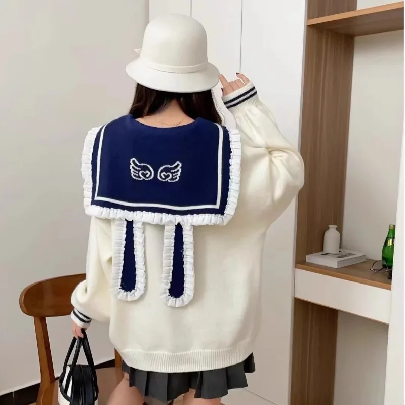 Preppy Style Women Sweet Patchwork Sweaters Grunge Sailor Collar Ruffled Jumpers Loose Knitted Y2k Aesthetic Pullovers Female