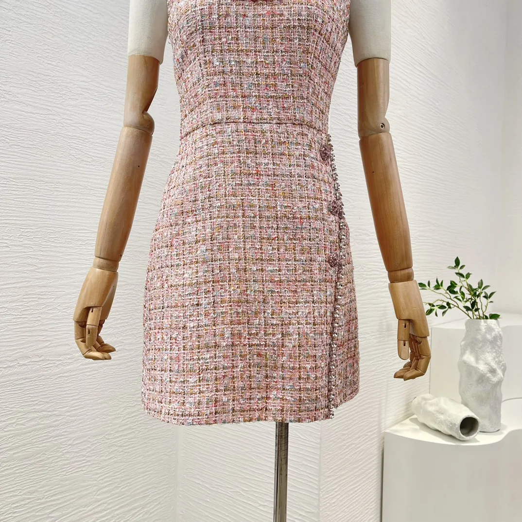 Imagem -05 - Mini Vestido sem Mangas Tweed Gola Quadrada Diamantes Rosa Início da Primavera 2024