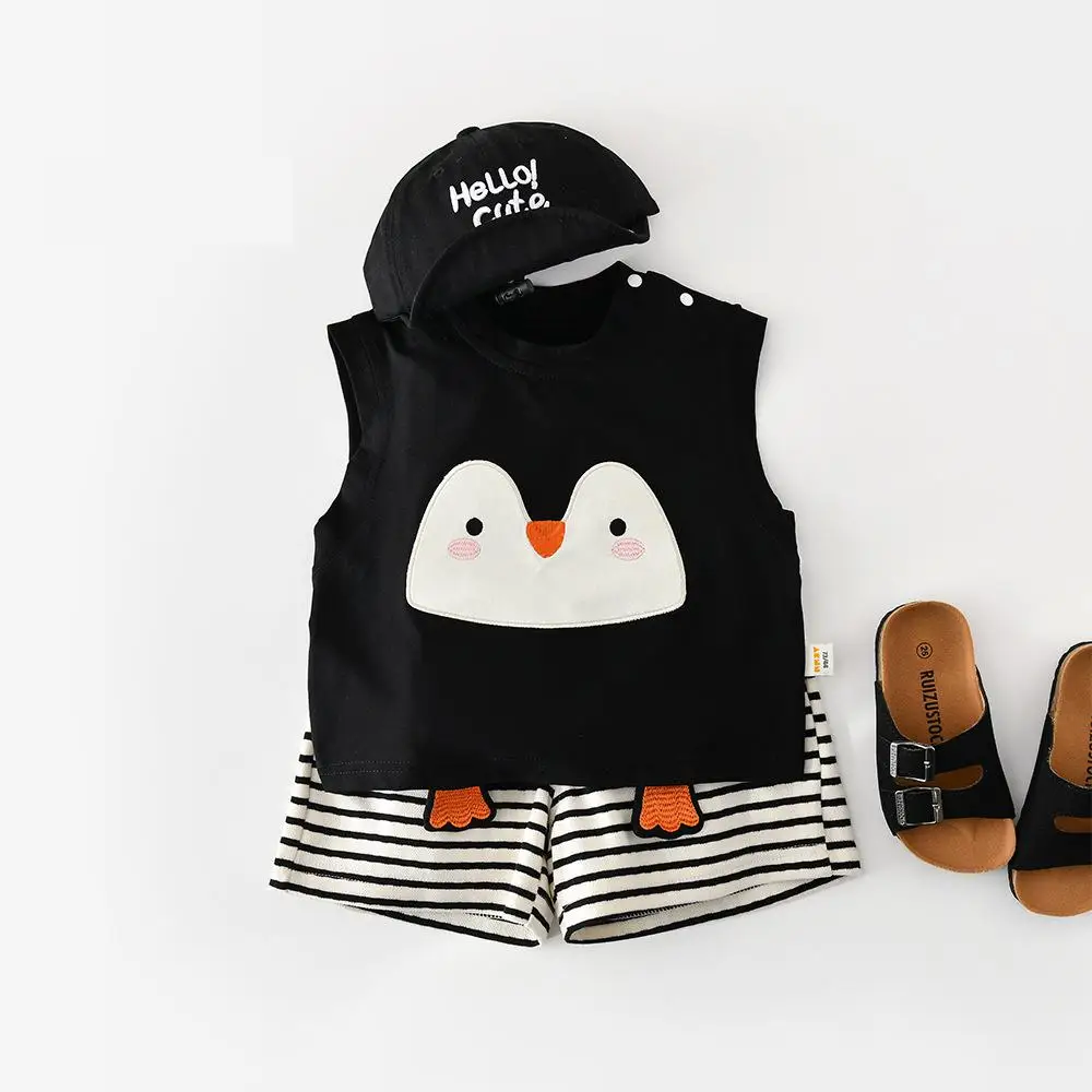 2026 Summer New Baby Sleeveless Clothes Set Infant Girl Cute Cartoon Vest + Striped Shorts 2pcs Suit Cotton Toddler Outfits