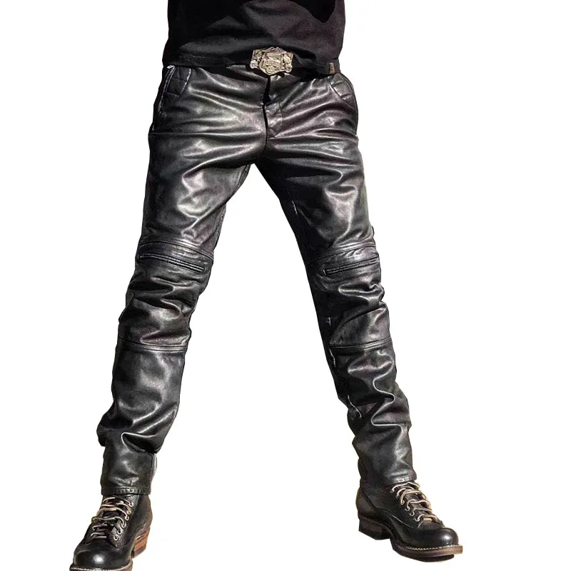 

High Quality Genuine Leather Casual Pants Men's Denim Cowhide Leather Pants Long Pants