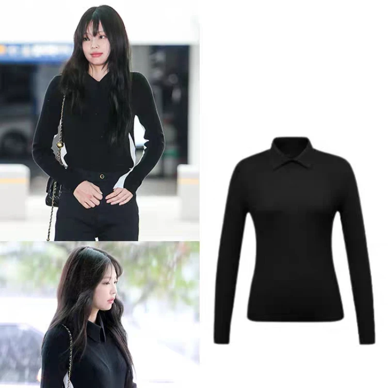 Kpop Korean Singer Y2k Autumn Black White Splice Lapel Sweaters Women Fashion Streetwear Pullovers Slim Long Sleeve Knit Jumpers