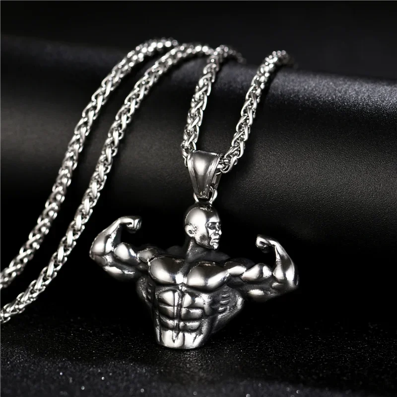 Workout Strong Man Pendant Necklace Stainless Steel Chain Necklaces Fitness Bodybuilding Men Sports Hip Hop Jewelry