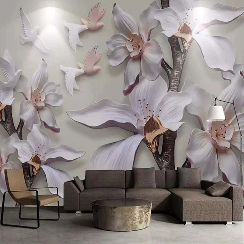 Customized 3D Relief Mural White Magnolia Flower Wallpaper Living room sofa TV background wall bedroom restaurant study Hotel 8d
