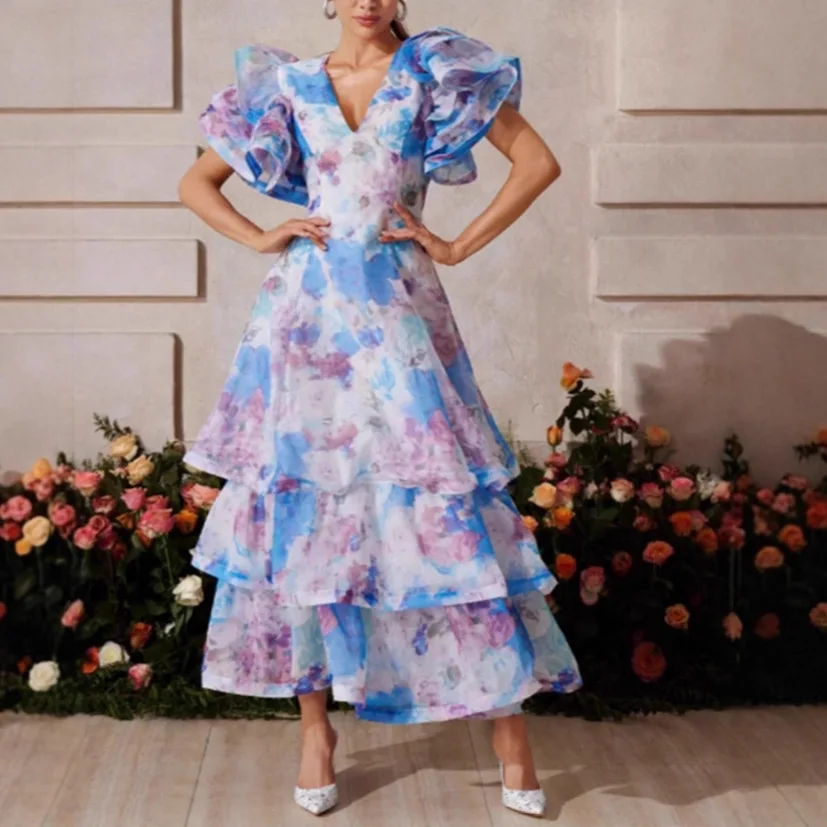 2025 جديد Ladylike الثقيلة العمل الخامس الرقبة ثوب مسائي كعكة تنورة تصميم مطبوعة تكدرت كم فستان طويل #1