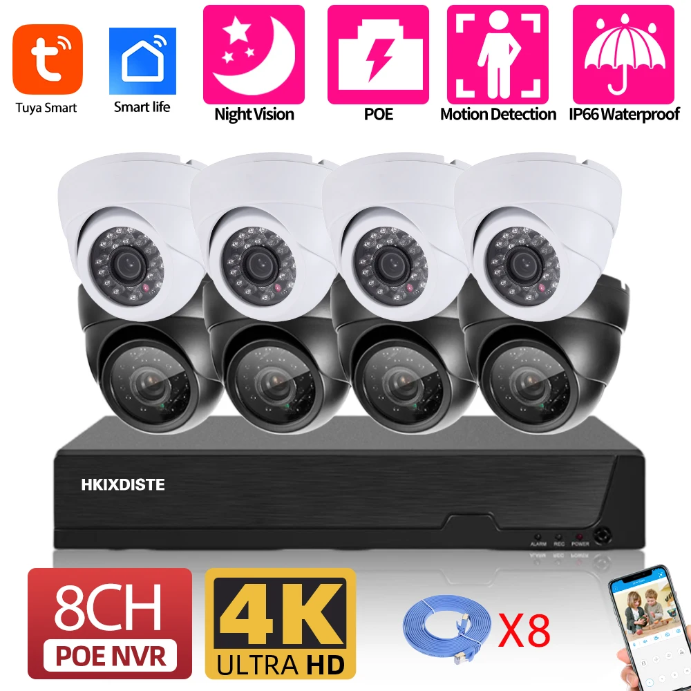 

Tuya 4K HD 8MP Security Camera System POE NVR Kit 8CH Indoor Home CCTV Ceiling Metal Dome IP Camera Vdieo Surveillance Kit 4CH