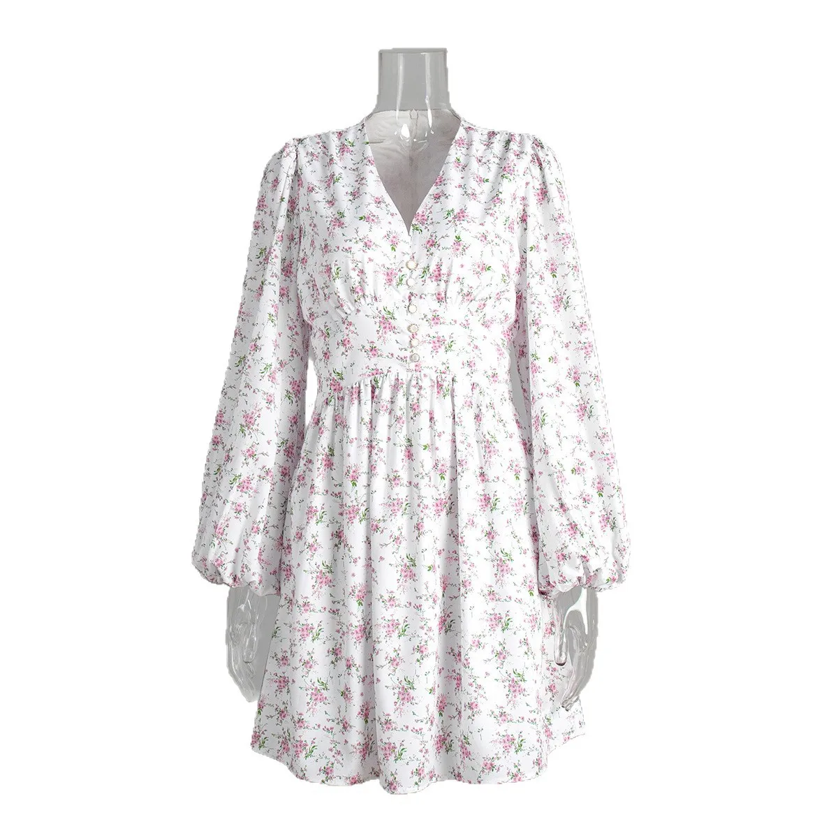 فستان قصير بأكمام فانوس جديد لربيع وصيف 2025، مطبوع عليه زهور، بخصر ضيق، فستان كاجوال بخصر مرتفع، تنورة على شكل حرف A، رقبة ع...