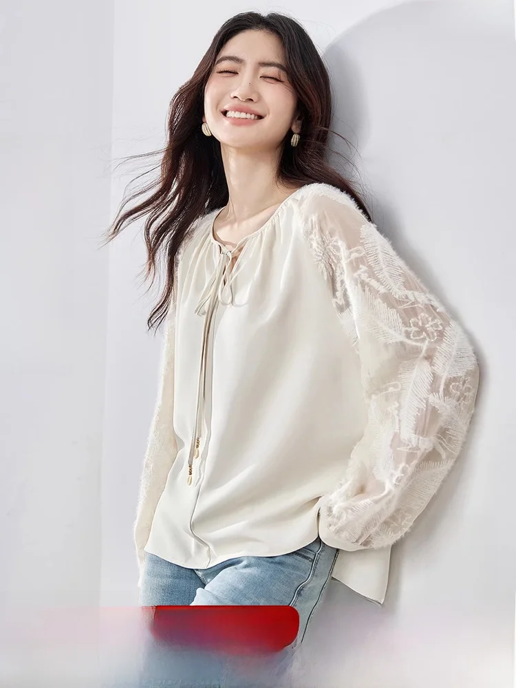 

Женская кружевная блузка из шифона с круглым вырезом, свободного кроя, с длинными рукавами, весенняя новинка