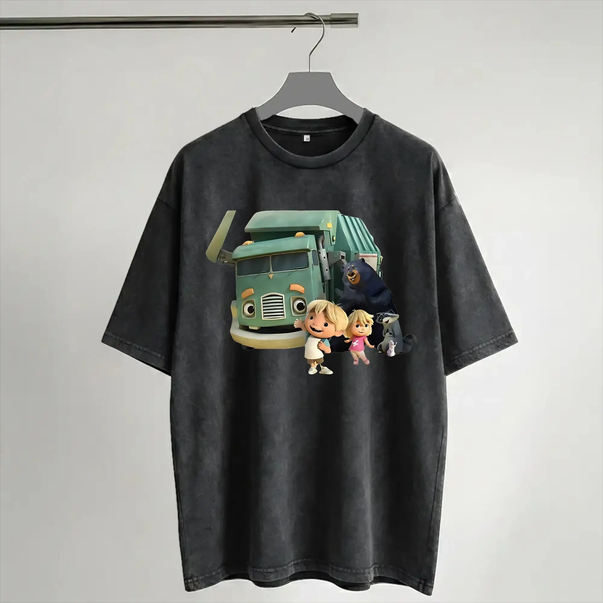 Harajuku Washed Shirts Trash Truck anime Apparel Retro T Shirt Oversize  Streetwear Short Sleeve Printed Tops Tees