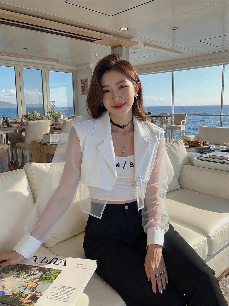 

Sun-proof Cropped See-through Back-Slit Blazers Elegant Woman Clothes For Women Appliques Matching Customized Outdoor Arrivals