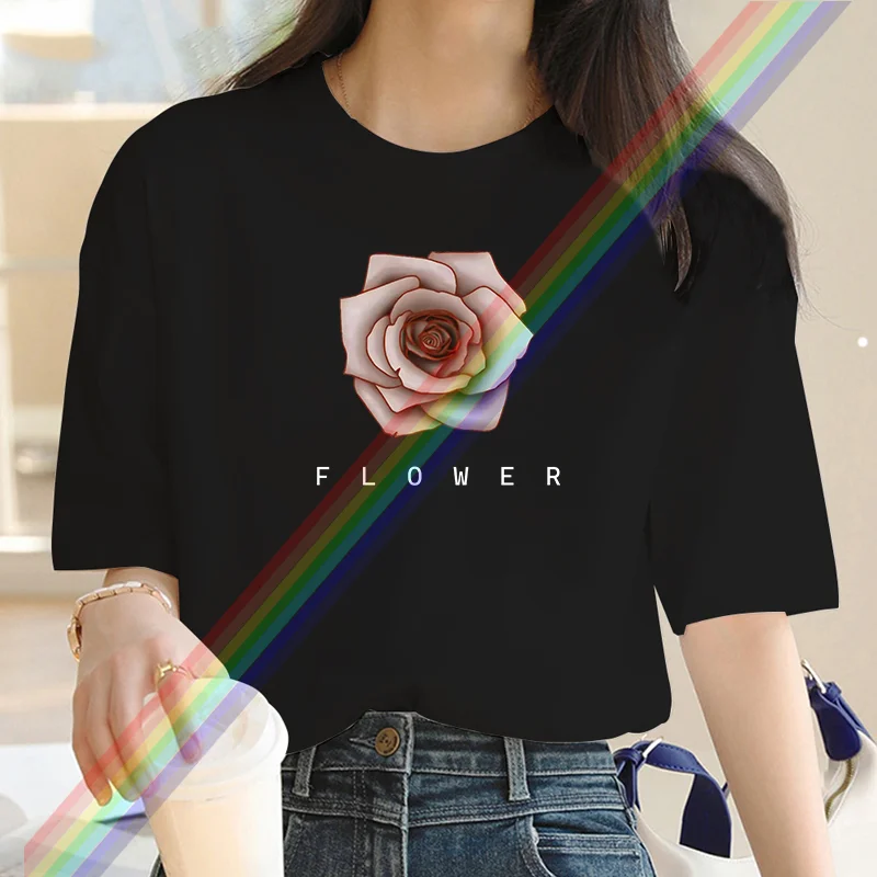 

Hot selling cartoon flower printed cotton T-shirt White summer short-sleeved T-shirt men/women fashion crewneck top T-shirt
