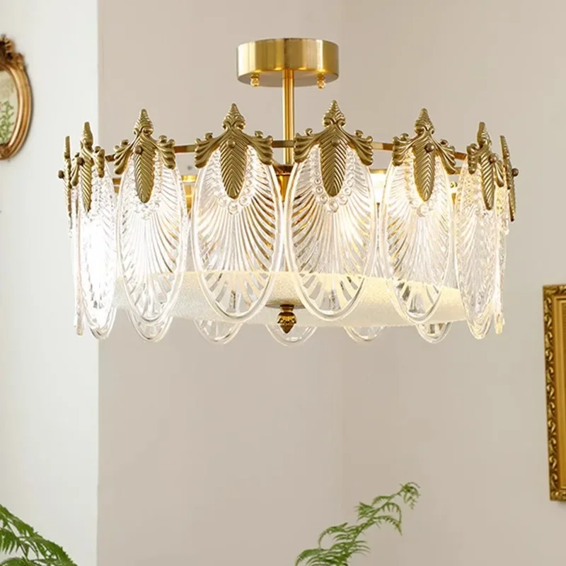 

American-style retro leaf-shaped glass ceiling lamp - luxurious bedroom, living room and dining room full copper chandelier