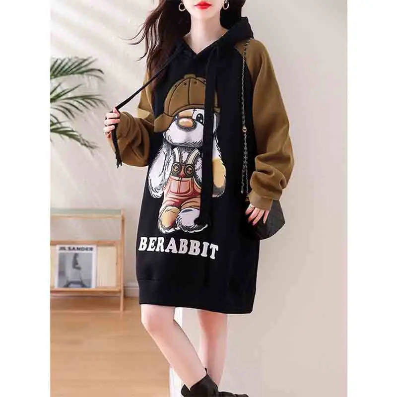 Winter Women Clothing Oversized Cartoon Fleece Dress New Hooded Drawstring Thicken Warm Female Casual Midi Long Sleeve Dresses