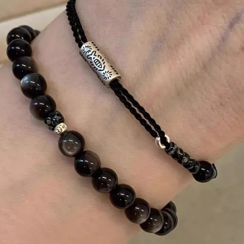 PANJBJ 925 Sterling Silver Black String Bracelet for Women Snowflake Obsidian Fish Beads Asymmetric Jewelry Gift Dropshipping