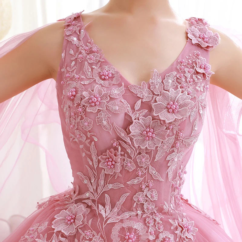 2022 Roze Prinses Prom Dresses Sweetheart Met Roze Kant Bloem Ruches Hand Kralen Party Dress Avondjurk Robe De Soiree