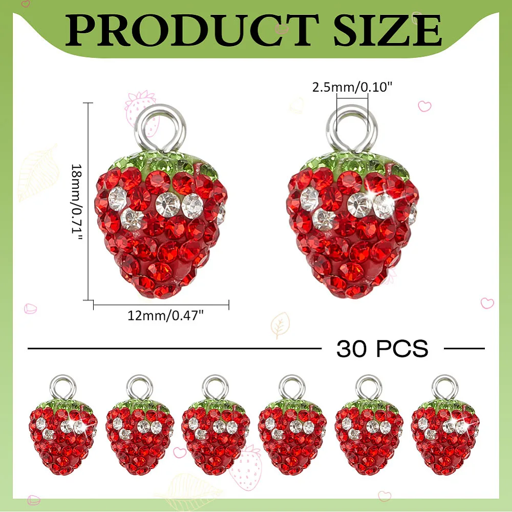 30Pcs Strawberry Rhinestone Pendant Red Strawberry Charms Pendant Fruit Charms Polymer Clay Large 3D Strawberries Pendants