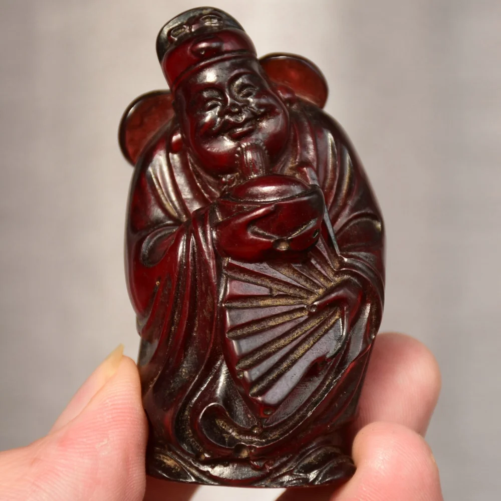 Hand Carved Red Amber God of Wealth Mammon Figurine 7CM Chinese Feng Shui Wealth Luck Statue Holding Ingot Fan Desktop Ornament