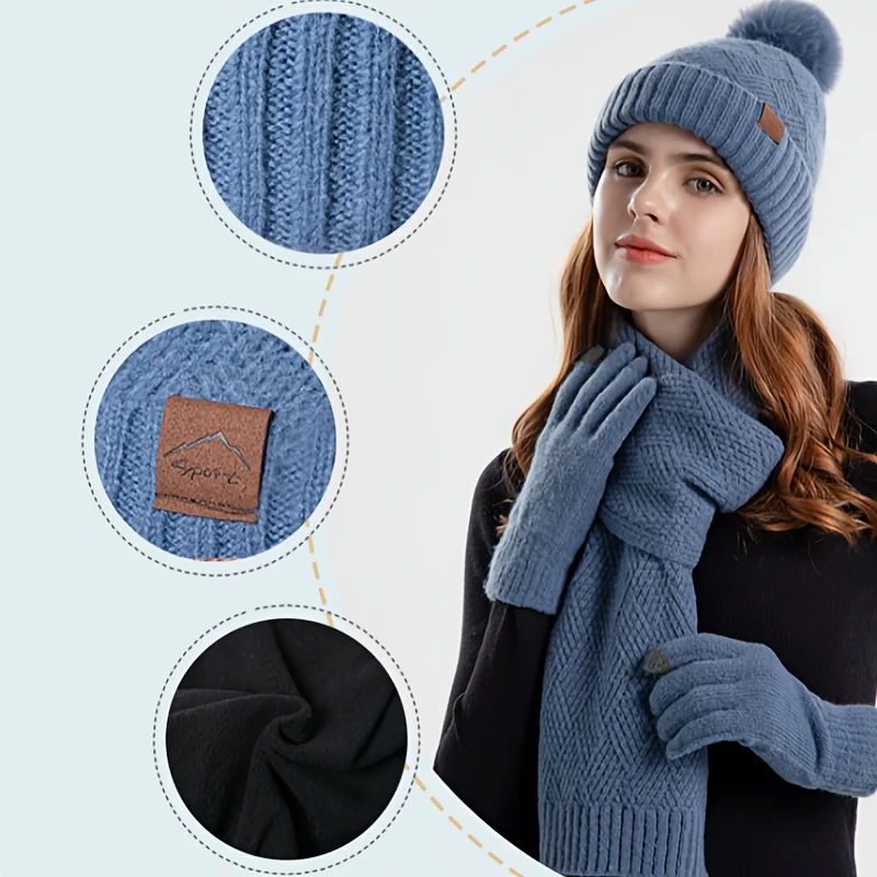 

3pc/set Scarf Gloves Beanie Set For Women Trendy Tie Dye Knit Hats Fleece Neck Gaiter Soft Coldproof Beanies Scarves For Winter