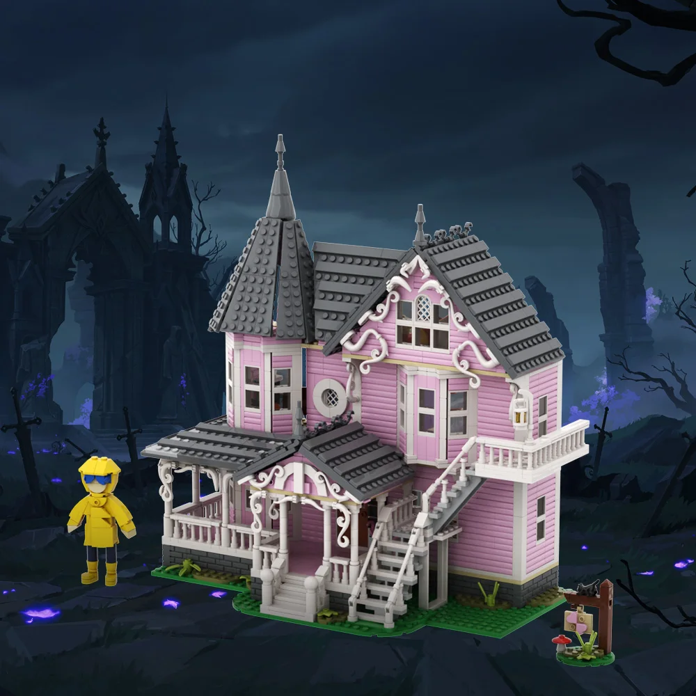 MOC horror Movie THE PINK PALACE Building Blocks Model CORALINESS Ghost House Bricks DIY Assembled Toy Halloween Children Gift