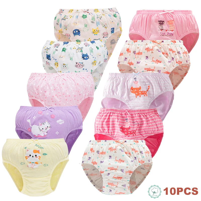 5/10Pcs Girls Cotton Panties Cute Kitty Cat Print Cartoon Girls Triangle Underwear Soft Breathable Preschool Children Briefs