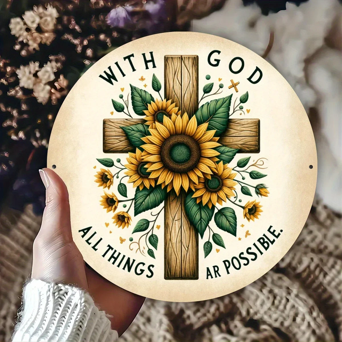 

Sunflower & Cross Design with All Things Possible"| Round Wall Art for Home Garden Religious Housewarming Gift