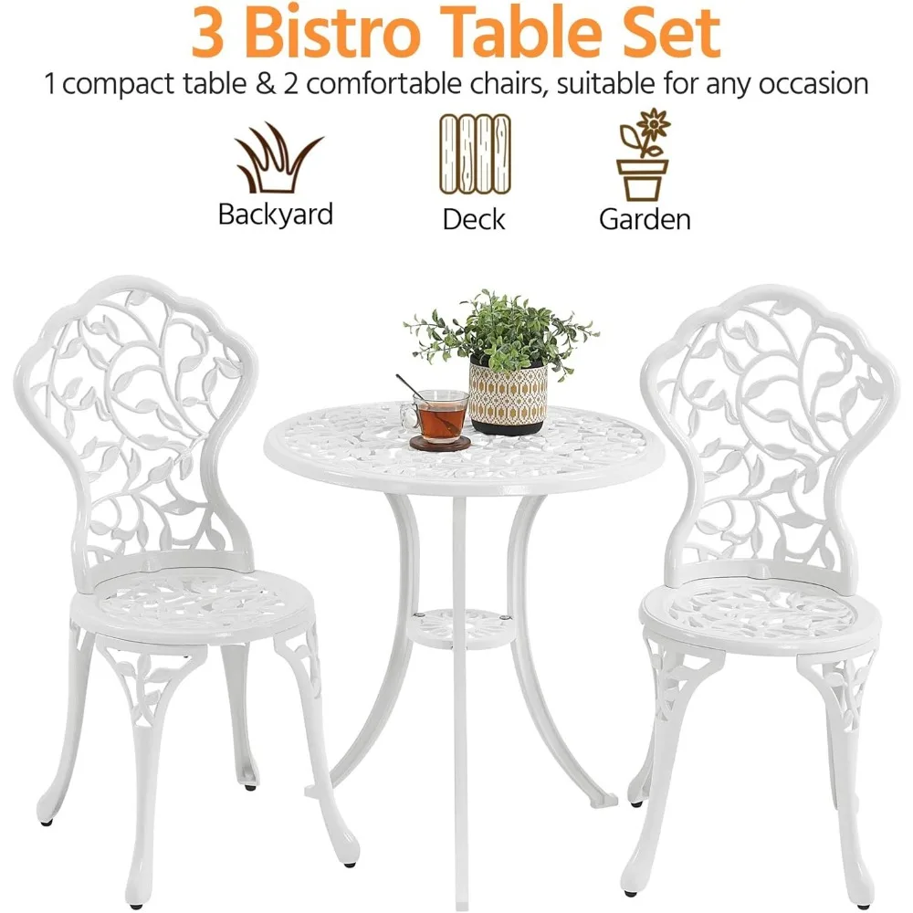 3-Piece Outdoor Bistro Set w/Leaf Design, Rust-Resistant Cast Aluminum Table and Chairs,Patio Bistro Table Set Outdoor Furniture