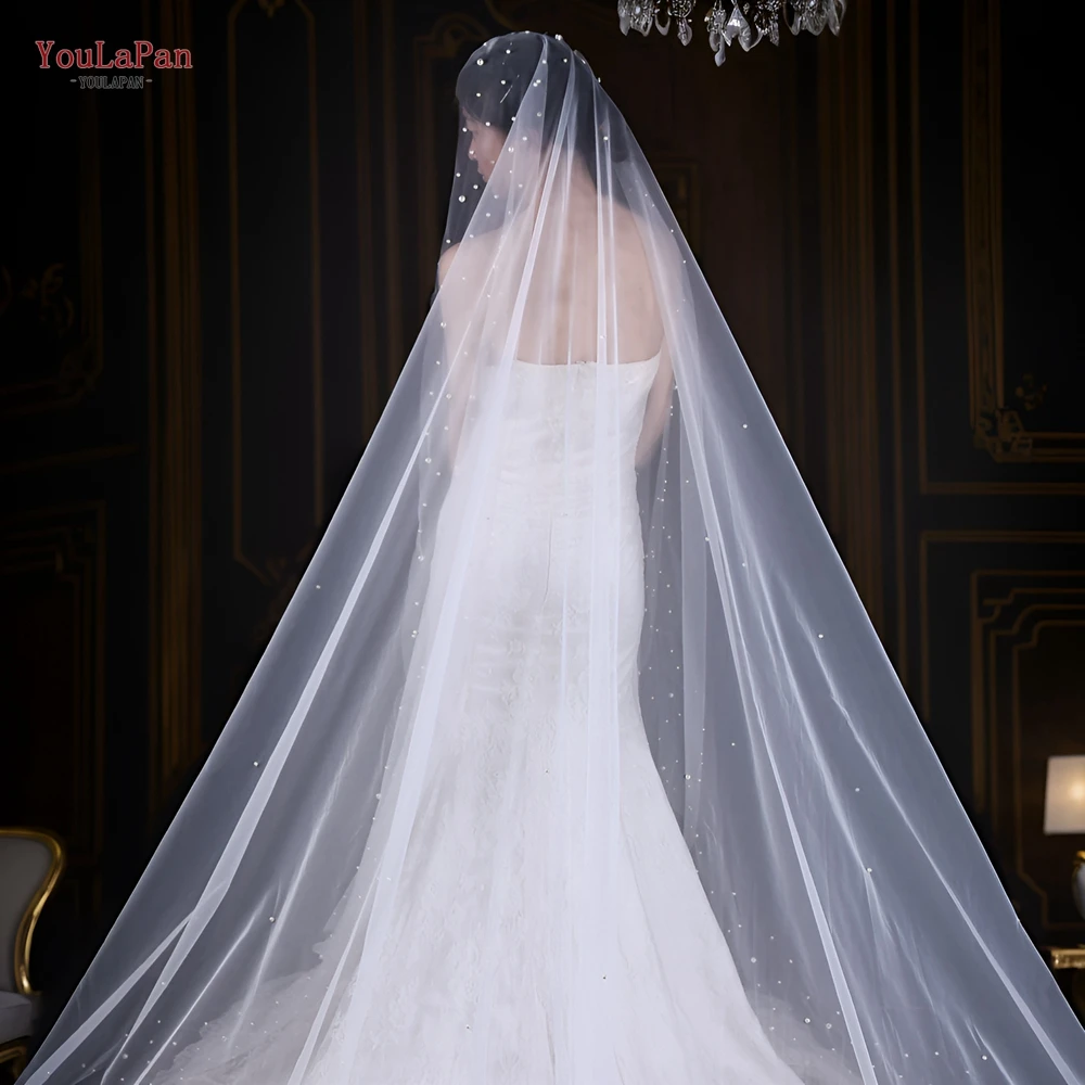 YouLaPan V145 Full Pearl Beaded Cathedral Wedding Veil 1 Tier Bridal Veil Wedding Hair Accessories Bridal Long Veil