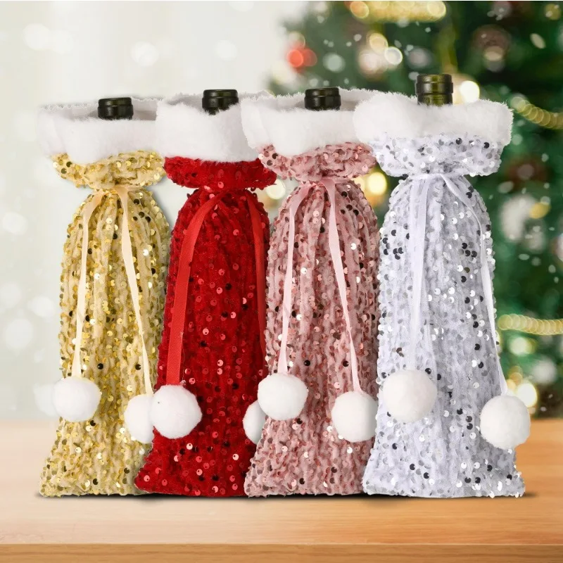 Set di coperture per bottiglie di vino di Natale Sacchetti per bottiglie di vino intrecciati con pupazzo di neve di Babbo Natale per decorazioni per la tavola da pranzo per feste di Natale Regali di Capodanno