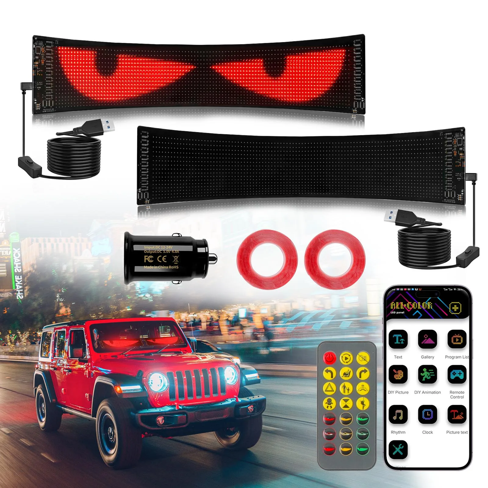 

2 шт., грузовик, автомобиль, дьявол, светодиодная пиксельная панель для глаз, пульт дистанционного управления, мягкое складное освещение, прокрутка для доски, лобовое стекло 12x60 см