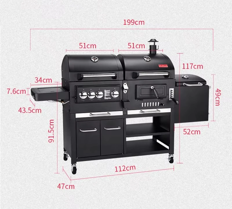 Applicable to Outdoor Large Gas and Charcoal Grill Heavy Duty Trolley BBQ Smoker Smokeless Combo Commercial Barbecue BBQ Grills