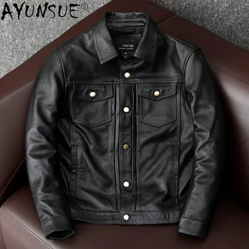 AYUNSUE Mens Genuine Leather Jacket Autumn Real Cow Jackets for Men Short Cowhide Coats Slim Stand Collar Veste Homme