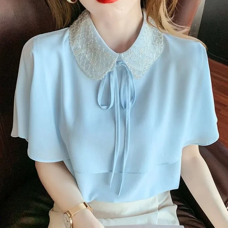 Temperament Lacing Solid Color Blouse Summer New Short Sleeve All-match Loose Office Shirt Tops Elegant Fashion Women Clothing