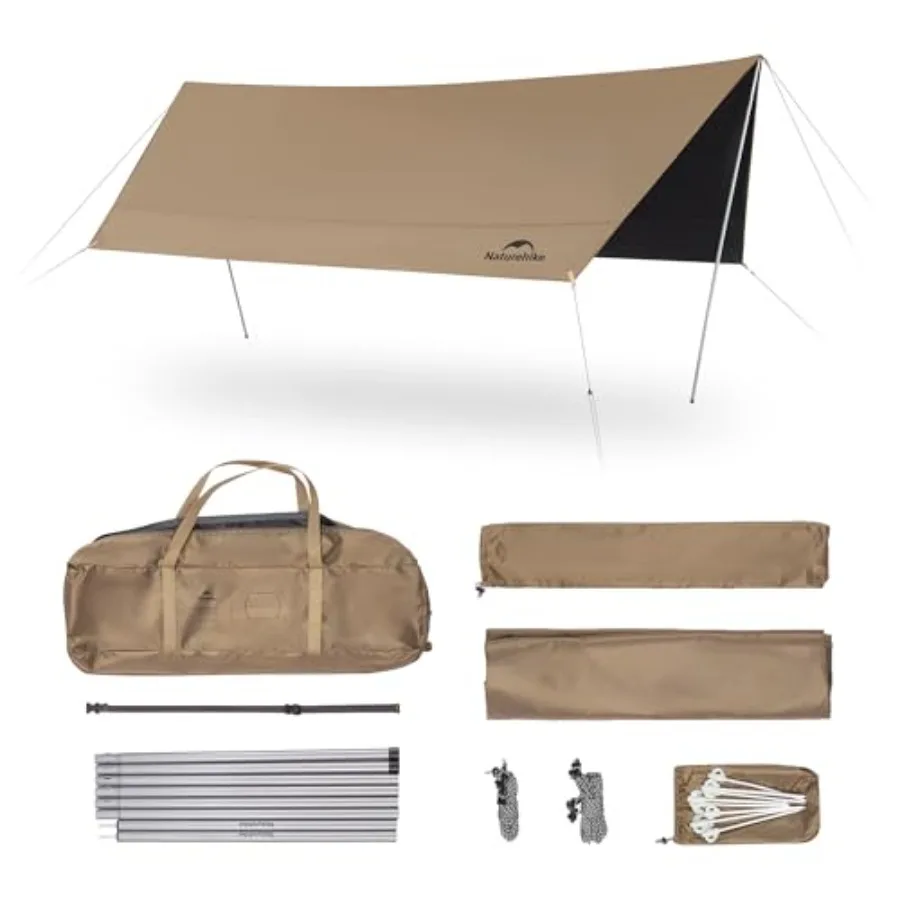 Camping Tent Tarp with Poles for Outdoor Use, PU-coated Polyester, Gray, Waterproof 18000mm+ and UV-resistant UPF2000+