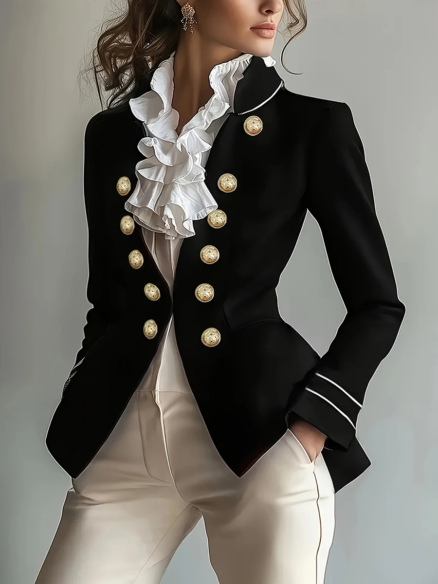 New Hot Sale Women's Ruffled Collar Double Breasted Black Blazer Gold Buttons Slim Fit Office Lady Blazer Coat Jacket 2026