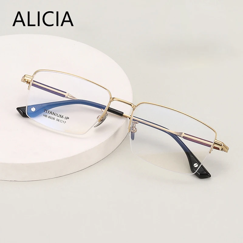 نظارات ALICIA الفاخرة ذات الإطار المربع بنصف إطار من التيتانيوم النقي، نظارات طبية بصرية للأعمال للرجال والنساء