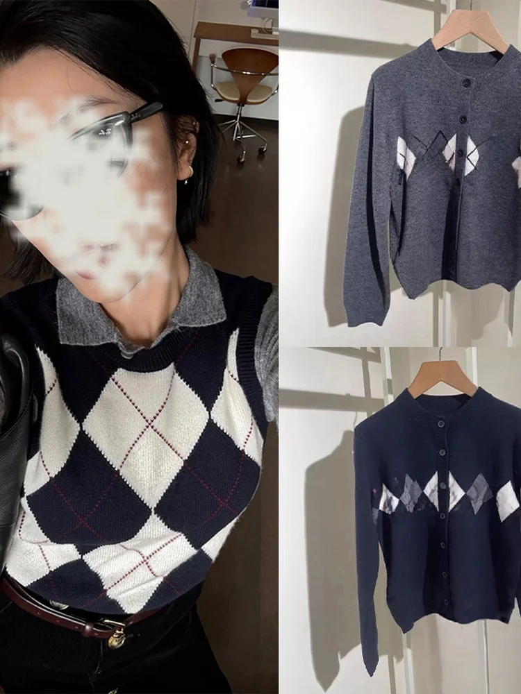 

Осенне-зимний женский вязаный жилет с круглым вырезом, ромбовидным узором, в британском стиле, универсальный, для повседневной носки, из смесовой шерсти