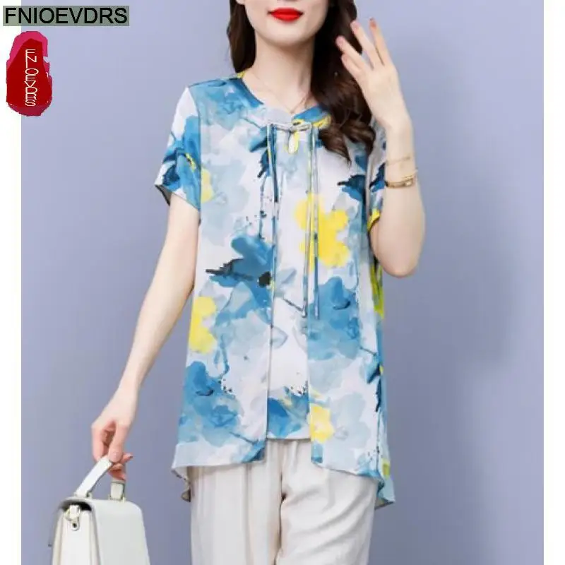 L-5XL-ropa holgada para mujer, camisa básica de oficina con estampado Floral elegante Retro, Tops Vintage con lazo, 2023