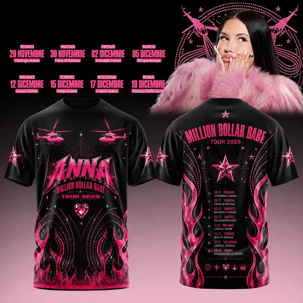 Million Dollar Babe Tour 2026 T‑Shirt, Double‑Sided Pink Flame Helicopter Graphic Short Sleeve Tee, Music Tour Fan Crew Neck Top