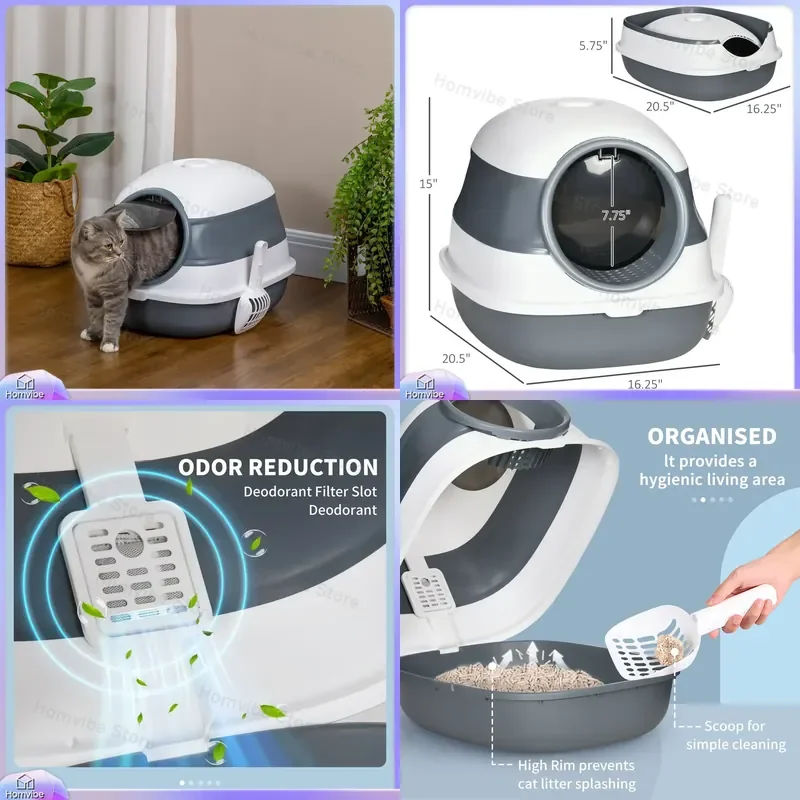 White Grey Dome Cat Litter Box with Lid Enclosed Automatic Self Cleaning Cat Toilet for Indoor Cats Large Capacity Odor