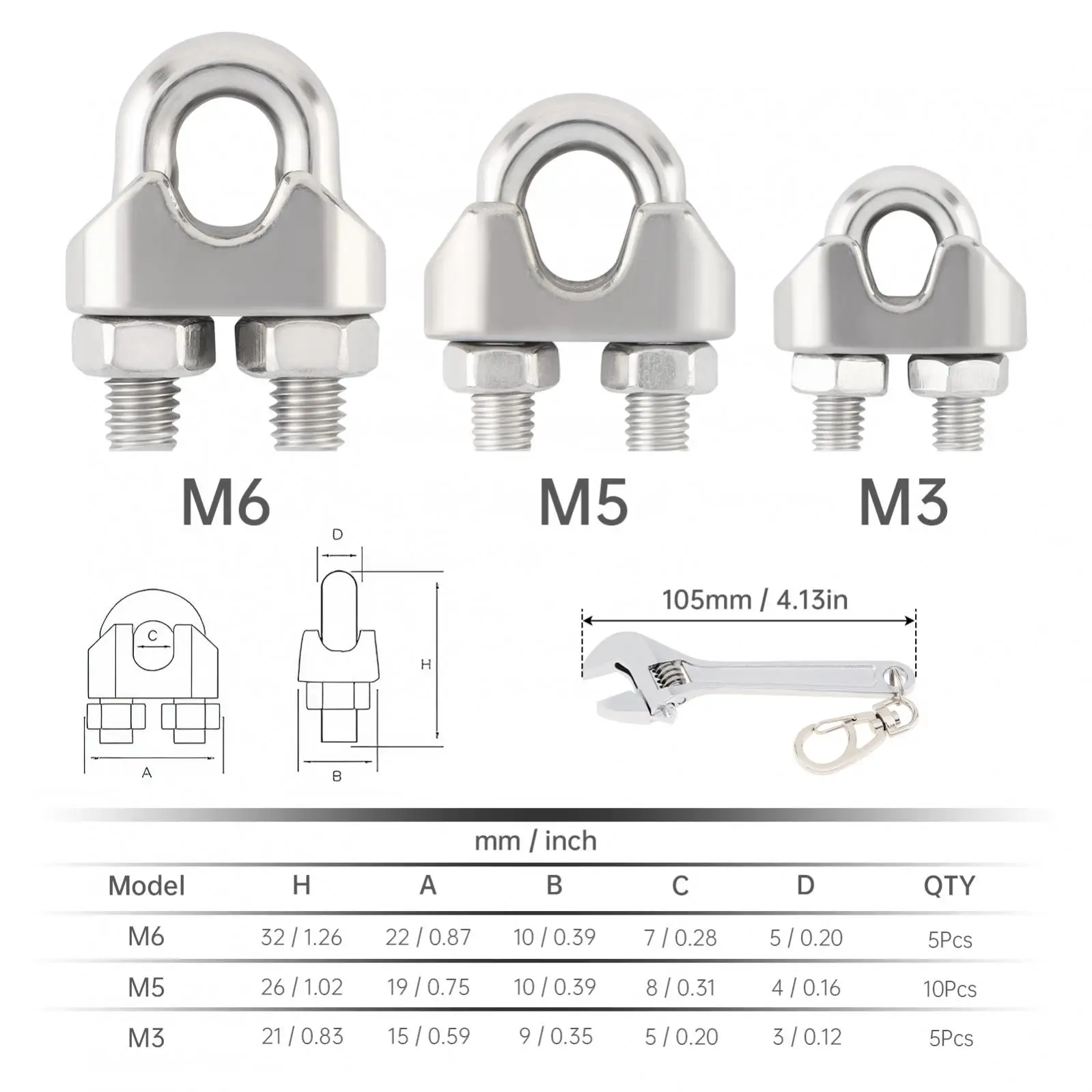 M3 & M5 & M6 Stainless Steel Wire Rope Cable Clip Clamps Set with 4 Inch Wrench Tool with Keychain, Clamps Assortment Tool Kit