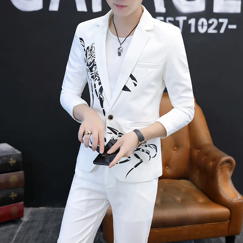 2024 Autumn suit (suit + trousers) Fashion slim dress Korean version of white suit two-piece casual handsome ruffian handsome