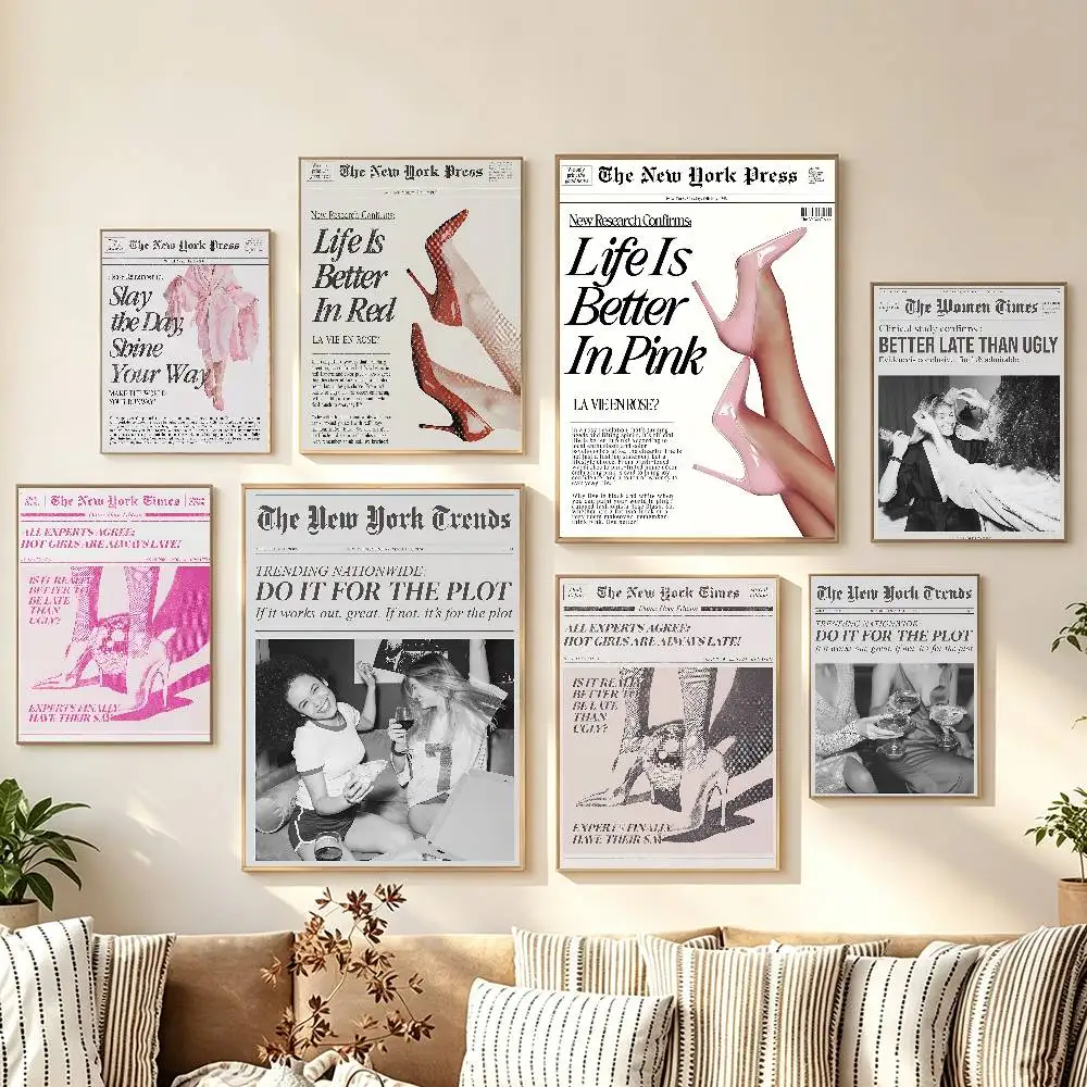 Vintage Newspaper Girly Poster Self-adhesive Art Room Entrance Restaurant Wall Decor Art Painting