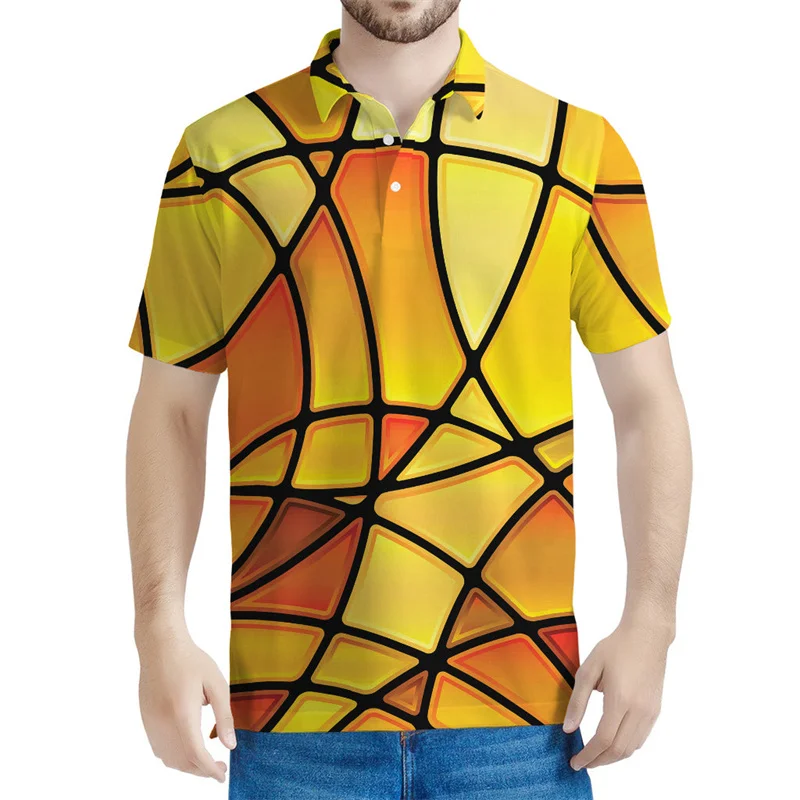 Colorful Stained Glass 3d Printed Polo Shirts Men Mosaic Graphic Tee Shirt Oversized Button Loose T-shirt Lapel Short Sleeves