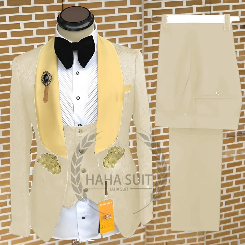 Men's Suit 3-Piece Jacquard Set Slim Fit Tailored Tuxed Yellow Collar Wedding Suit Full Set